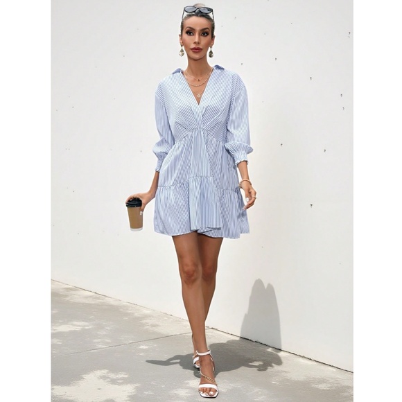 Striped White Blue Mini Dress Ruffle Detail V-Neck 3/4 Sleeve - Picture 4 of 8